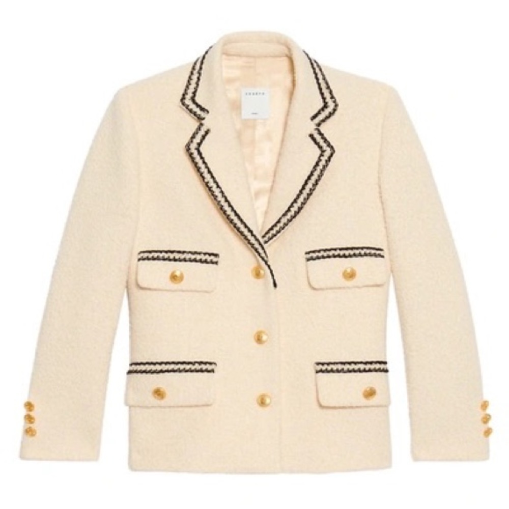 Cream Bouclé Blazer with Black Trim and Gold Buttons